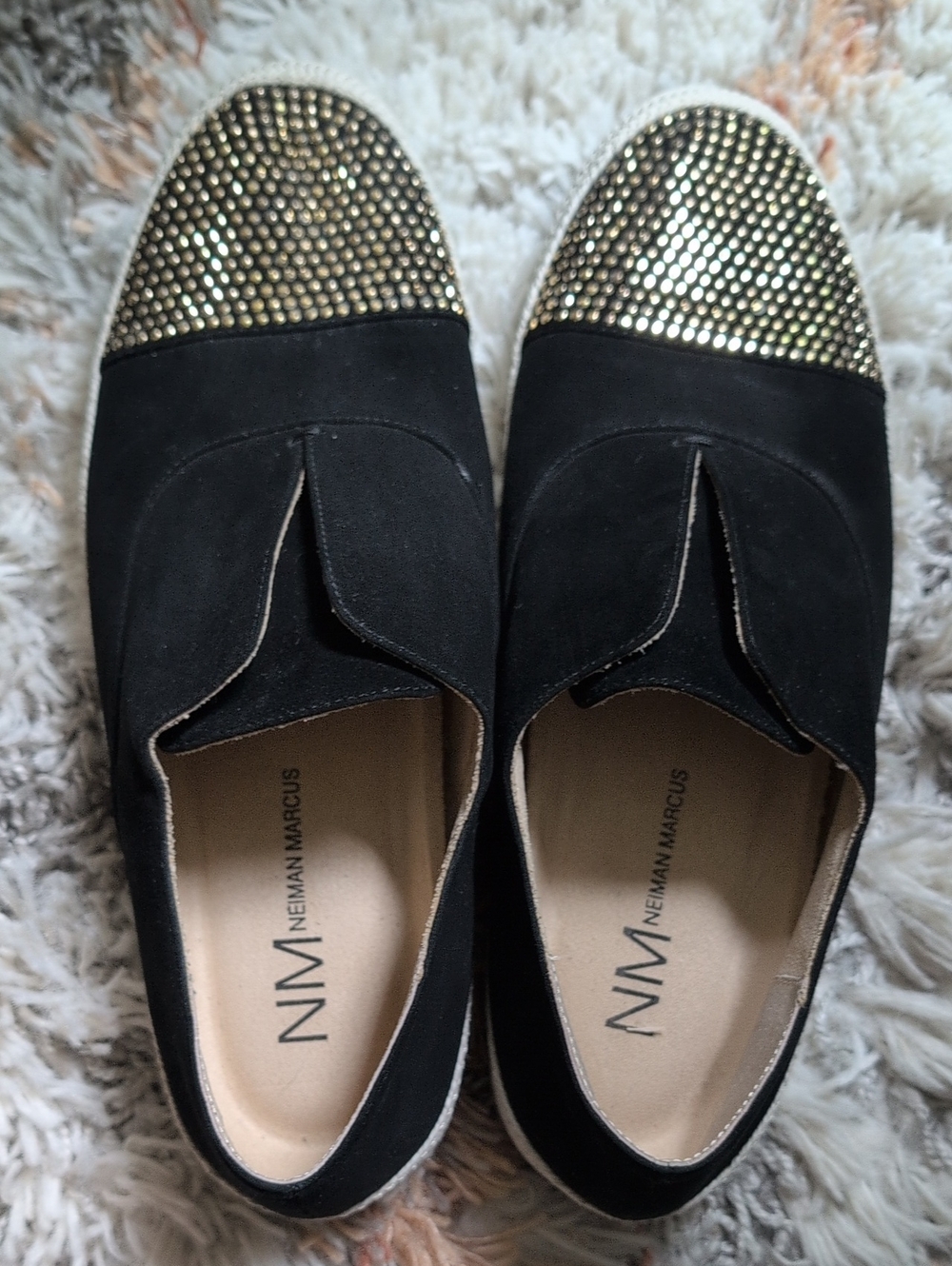 Neiman Marcus Black Slip-on Shoes with Bronze Studded Cap Toes 10